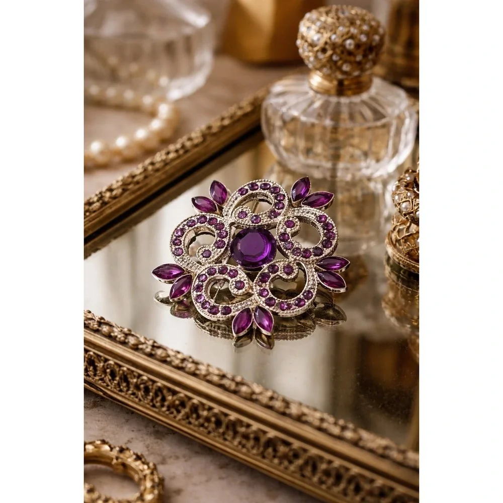 Vintage Silver-Tone Purple & Clear Rhinestone Brooch 2